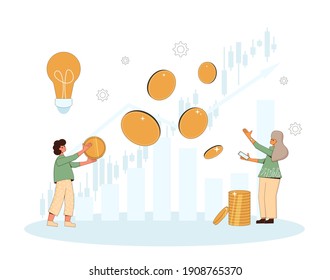 Family invest. Married young pair going to be minor shareholders. Investment idea.  People with huge coins, graph. Couple thinking over pension plan. Vector illustration.