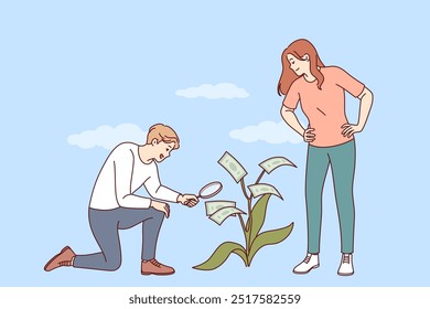 Family investment from man and woman growing money tree together to save for honeymoon or buying property. Spouses engage in family investments to achieve financial freedom and freedom from debt.