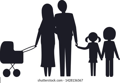 Family. Isolated outline vector icons for men, women and children a boy and a girl and a baby stroller on a transparent background.