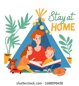 Family isolation stay at home image. Vector quarantine illustration with  mother read a book to her children alone in home isolated to protect virus.