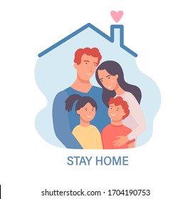 Family in isolation.Stay home template for banner, poster, flyer.Awareness social media campaign and coronavirus prevention. Quarantine during pandemia. Health care concept. Vector illustration.