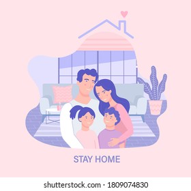 Familia en aislamiento. Mantente en casa para diseño en banner, afiche, volante. Campaña de sensibilización en medios sociales y prevención del coronavirus.Cuarentena durante pandemia.Concepto de atención de salud.Ilustración vectorial.