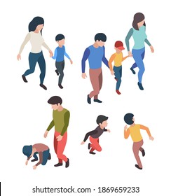 Family isometric. People father mother children playing walking happy parents garish vector persons