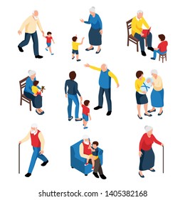 Family Isometric Set With Grandmother And Grandfather Babysitting Their Grandchildren Isolated Vector Illustration