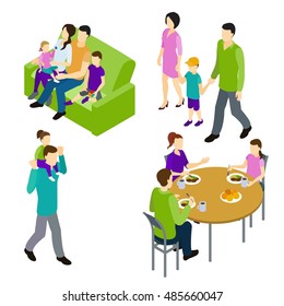 Family isometric set with parents and children sitting on sofa and at round table isolated vector illustration