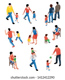 Family isometric set with parents playing and walking with their kids isolated vector illustration