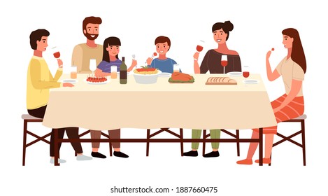 Family At An Italian-style Evening Dinner. Relatives Are Communicating At The Dining Table. Table With Pasta And Meat Steak. Parents Drink Red Wine And Children Eat Snacks. People Eating Italian Food