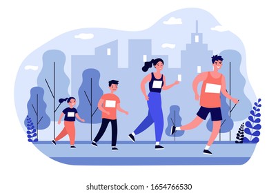 Family jogging in city park. Parents and kids running marathon. Vector illustration for lifestyle, outdoor activity, sport, leisure, fitness concept