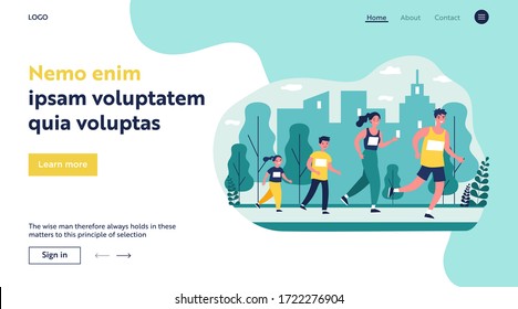 Family jogging in city park. Parents and kids running marathon. Vector illustration for lifestyle, outdoor activity, sport, leisure, fitness concept
