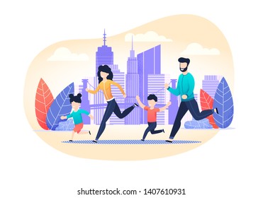 Family Jogging Exercise Together on City Street Cartoon. Active Lifestyle and World Health Day. Parents with Children Doing Fitness, Running and Training. Flat Vector Motivational Illustration