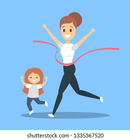 Family jogging. Healthy and active family lifestyle. Mother and daughter run. Sport exercise outdoor. Win the competition. Isolated flat vector illustration