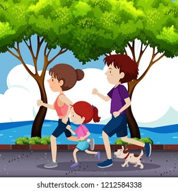Family jogging on the road illustration Stock Vector