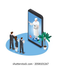 Family joining online Sunday mass 3d isometric vector illustration concept for banner, website, landing page, ads, flyer template