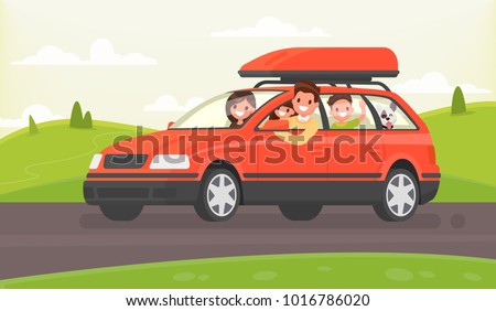 Family journey by car to nature. Vector illustration in a flat style