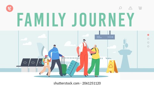 Family Journey Landing Page Template. Mother and Father Travelling with Daughters, Characters with Bags Walk to Airplane. Happy Parents and Children in Airport. Cartoon People Vector Illustration
