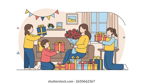 Family joyfully celebrates mother's special day with gifts and flowers creating cherished memories together