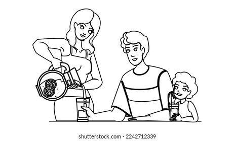 family juice line pencil drawing vector. happy mother, son child, father food, childhood young, together drink, healthy home family juice character. people Illustration