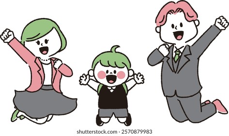 Family jumping at entrance ceremony (boy version)