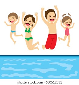 Family jumping happy to swimming pool water on summer vacation