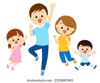 Family jumping with joy in summer clothes