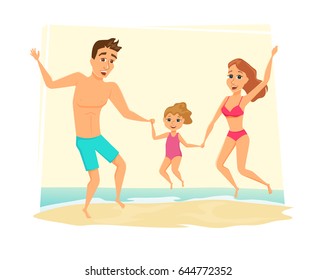 Family jumping on the beach. Summer holidays and travel in sea. Happy mom, dad and daughter on vacation. Woman, man and their child having fun. Healthy lifestyle. People in swimwear