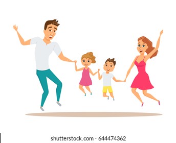 Family jumping together from happiness isolated on white. Happy mom, dad, daughter, son  holding hands. Woman, man and their children having fun. Healthy lifestyle. 