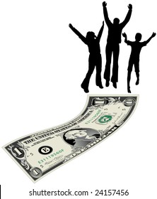 A family jumps for joy atop a dollar bill