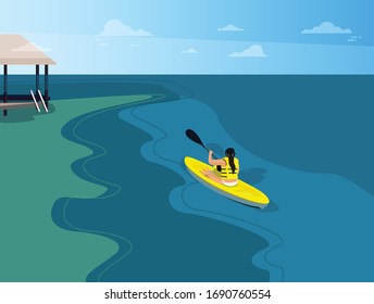 Family kayak tropical Holiday Sea Summer Parents With Children flat Vector Illustration