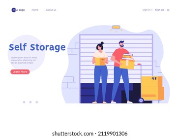 Family keeping personal items in rental self-storage unit. Man and woman holding boxes. Concept of self storage unit, small mini warehouse, rental garage. Vector illustration in flat design