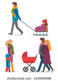 Family with kid in baby carriage walking together. Walk of parents and children outdoor in winter. Father rides daughter on vector sleigh. People in warm clothes like scarf and overcoat strolling