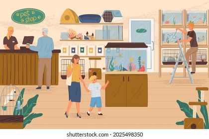 Family with kid buying fish in aquarium in pet shop concept vector illustration. Animal store interior with aquarium and parrot in cage