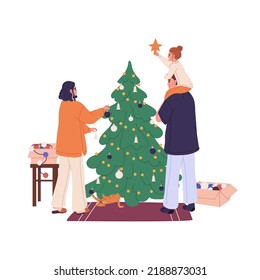 Family with kid decorating Christmas tree with Xmas ornaments together at home. Happy mother, father and child preparing for winter holidays. Flat vector illustration isolated on white background