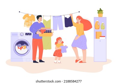 Family with kid doing laundry together flat vector illustration. Happy father, mother and little daughter hanging out washing, helping each other. Cleaning, housekeeping, hygiene concept