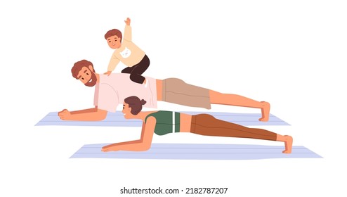 Familia con niños haciendo ejercicios deportivos. Padres y niños en posición de tablón sobre esteras de yoga. Trabajo de madre, padre y niño gracioso. Ilustración vectorial gráfica plana aislada en fondo blanco