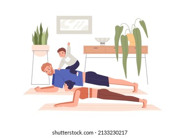 Family With Kid Doing Sports At Home. Parents And Child Exercising Indoors Together. Mother, Father And Toddler During Physical Workout Practice. Flat Vector Illustration Isolated On White Background