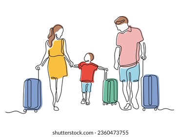 Family with kid go travel continuous line colourful vector illustration