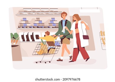 Family with kid in grocery store. Parents with child in shopping cart, walking in supermarket, buying products according to purchase list. People consumers in hypermarket. Flat vector illustration