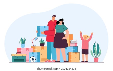 Family with kid moving to new house flat vector illustration. Happy mother, father and daughter standing at home among cardboard boxes. Delivery, apartment interior concept