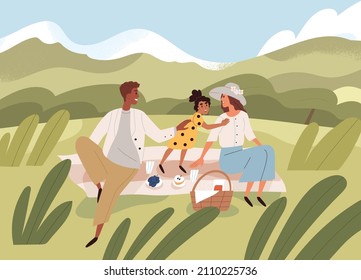 Family with kid on summer picnic. Happy biracial parents and child relaxing on blanket on grass in nature. Mother, father and daughter resting together outdoors on holidays. Flat vector illustration