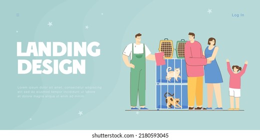 Family with kid in pet shop flat vector illustration. Happy mother, father and daughter taking dog from shelter, talking with owner. Cages with cats in background. Pet, domestic animal concept