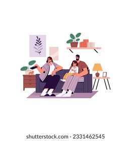 Family and kid sitting on sofa, watching TV together. Mother, father and child relaxing on couch at home, resting in living room. Flat graphic vector illustration isolated on white background