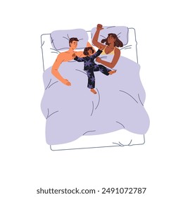 Family and kid sleep together top view. Happy parents and child nap, relax in comfortable bed. Mother, father and girl have a rest on pillows. Flat isolated vector illustration on white background