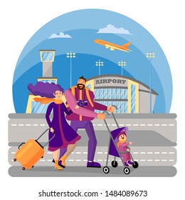 Family with kid travels together. Happy couple on the background of the airport. Cartoon flat vector A woman with a suitcase, a man with a backpack. Baby in a stroller. Cartoon flat vector