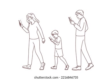 Family with kid walking street holding smartphones. Addicted parents and child using cellphone. Mobile phones and technology addiction. Vector illustration. 