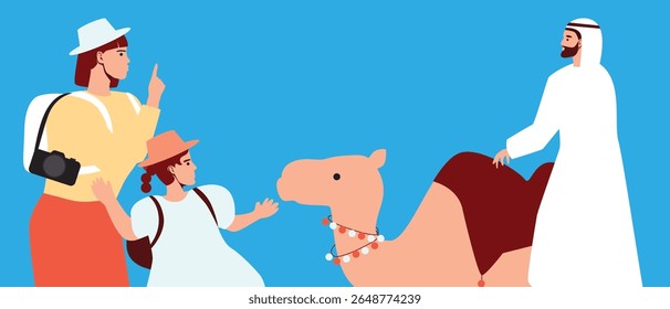 Family with kids with camel and BIPOC indigenous guide as african or arabic countries travel concept, flat vector stock illustration, experiencing local culture
