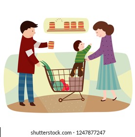 A family with kids and carts in carts