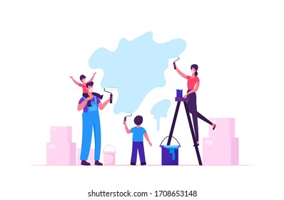 Family With Kids Characters In Medical Masks Painting Wall Making Renovation At Home. Parents And Children Spend Time Together In New House At Covid19 Quarantine. Cartoon People Vector Illustration