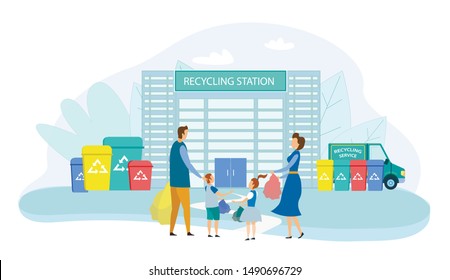 Family With Kids Collect Litter Bring it to Recycle Station, People Recycling Garbage in Different Container for Separation to Reduce Environment Pollution. Earth Day Cartoon Flat Vector Illustration