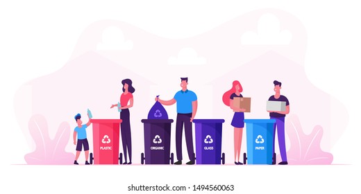 Family With Kids Collect Litter Bring it to Recycle Bins. People Recycling Garbage in Different Containers for Separation to Reduce Environment Pollution. Earth Day. Cartoon Flat Vector Illustration