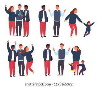 Family with kids compare to childless. No kids family. Busy and tired parents with naughty children or happy partying adults. Vector illustration characters set